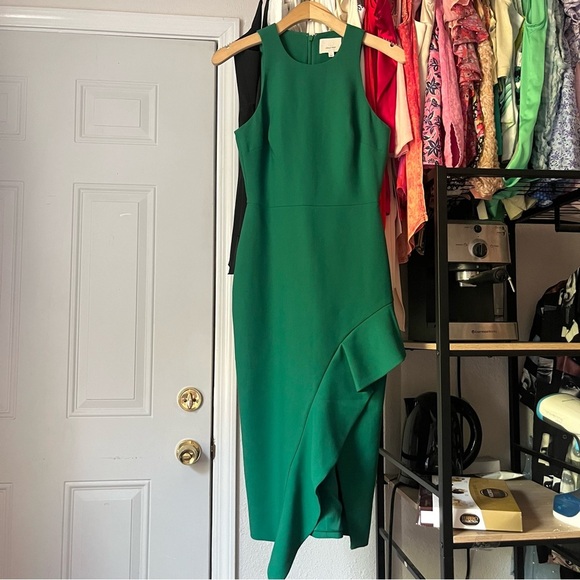 CINQ A SEPT green ruffle sleeveless midi sheath shift dress
